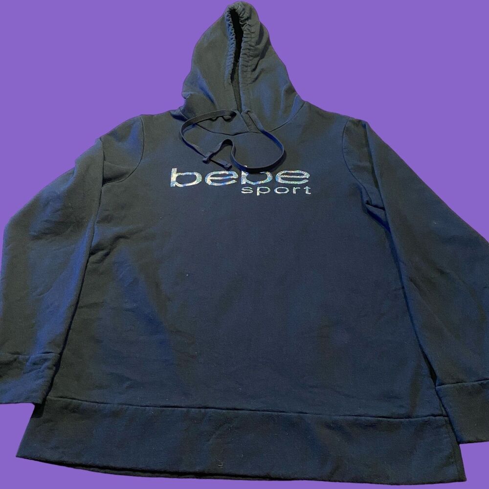 Bebe Sport Womens Large Black Pullover Hoodie Sweatshirt Drawstring